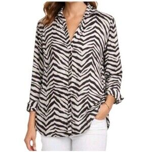 Tahari 100% Linen Button Up Shirt 2X Zebra Stripe Brown Coastal European Flax